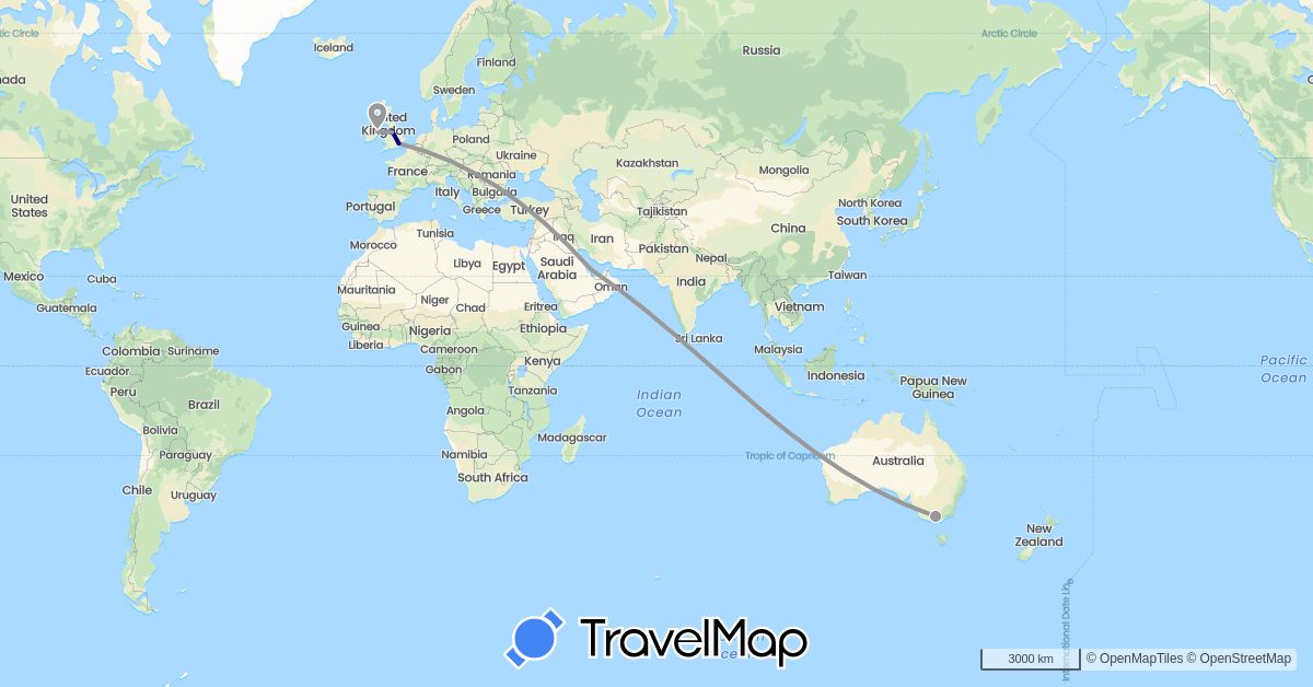 TravelMap itinerary: driving, plane in Australia, United Kingdom, Ireland, Qatar (Asia, Europe, Oceania)